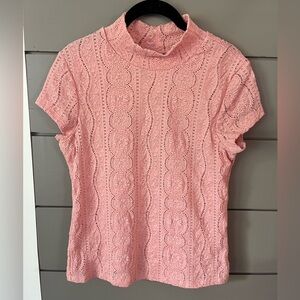 Anthropologie Pink‎ Lace Crochet Mock Neck Short Sleeve Top Women’s Small
